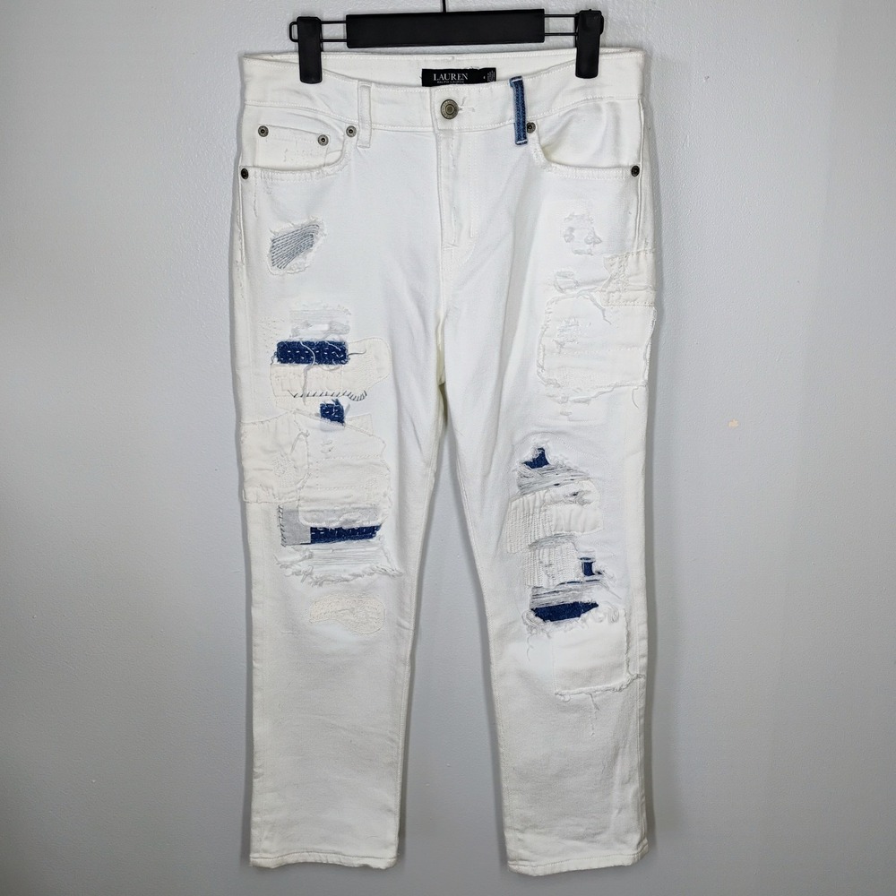 Lauren Ralph Lauren Distressed Patchwork Straight Jeans Womens 4 White Crop Boho